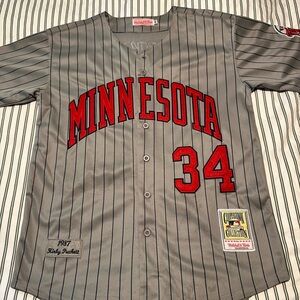Twins - Kirby Puckett - Mitchell & Ness Gray Pinstripe Jersey - stained